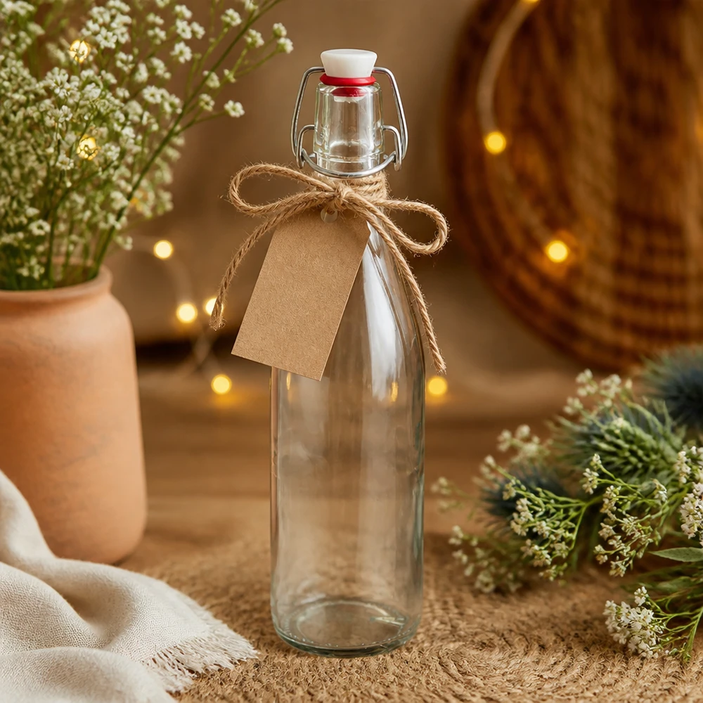 Glasflaska 500ml porslin med svängbar topp som present dekorerad med kraftpappersetikett och jutesnöre