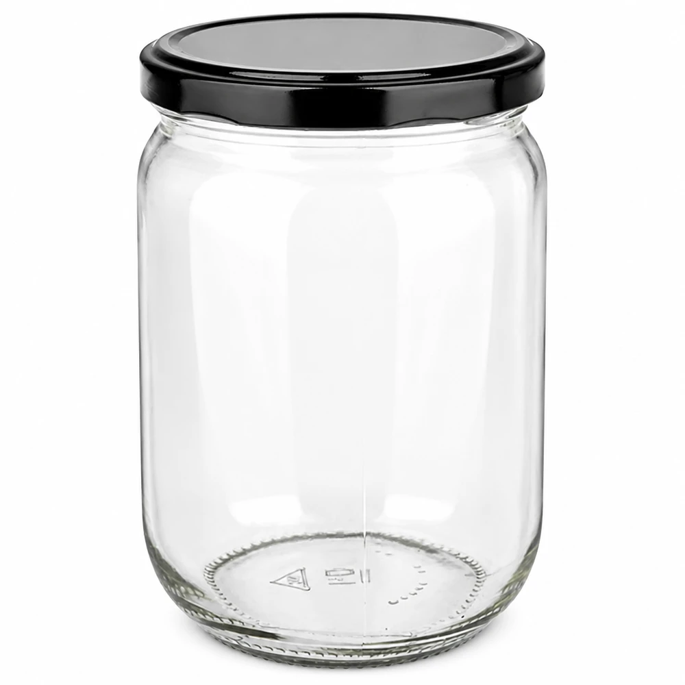 555 ml rund glasburk med svart BasicSeal-skruvlock, tom och genomskinlig