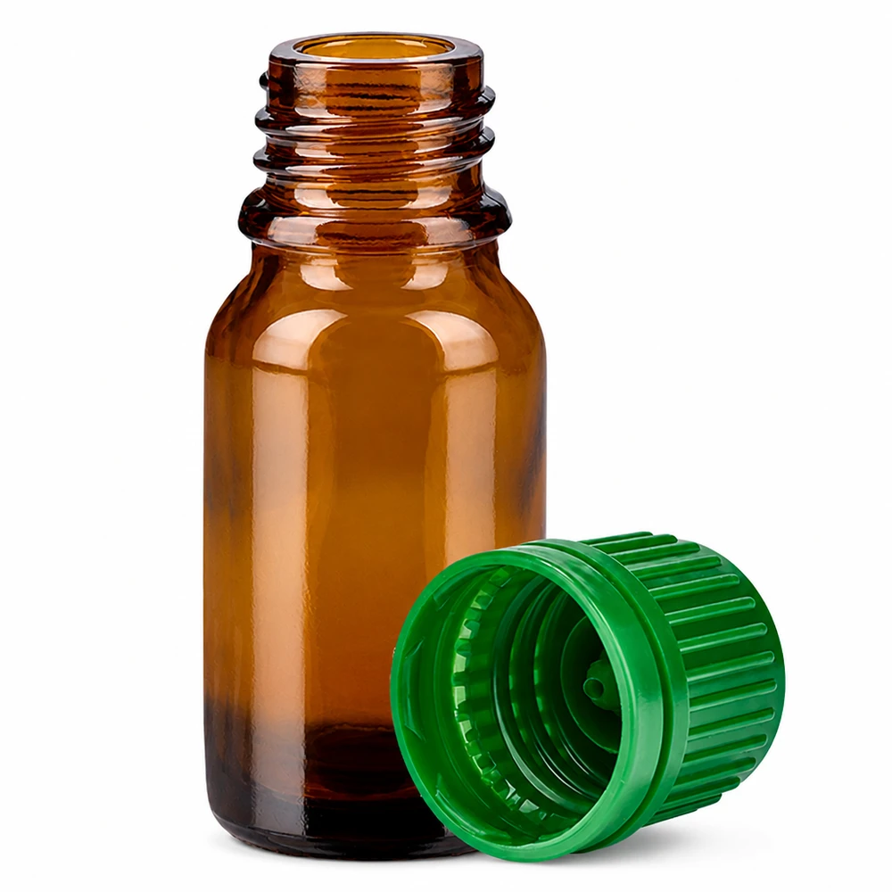 10ml flaska 11mm skruvkork grönt sabotagesäkert lock BrownLine UT18/10 10 ml apoteksflaska av brunt glas med grönt lock för aromaterapi och naturkosmetik