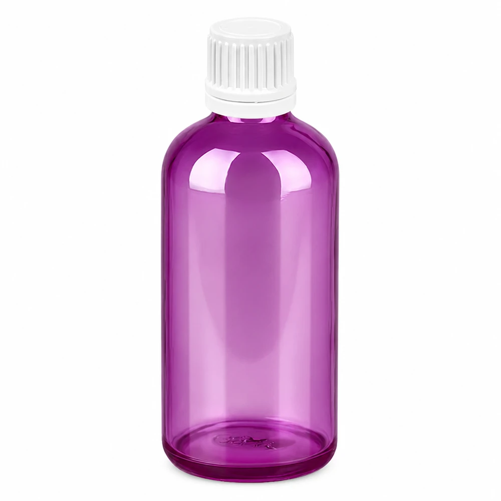 100ml flaska 11mm skruvkork vit Originality skruvkork PurpleLine UT18/100 100ml glasflaska violett transparent med vitt skruvlock 11mm för eteriska oljor