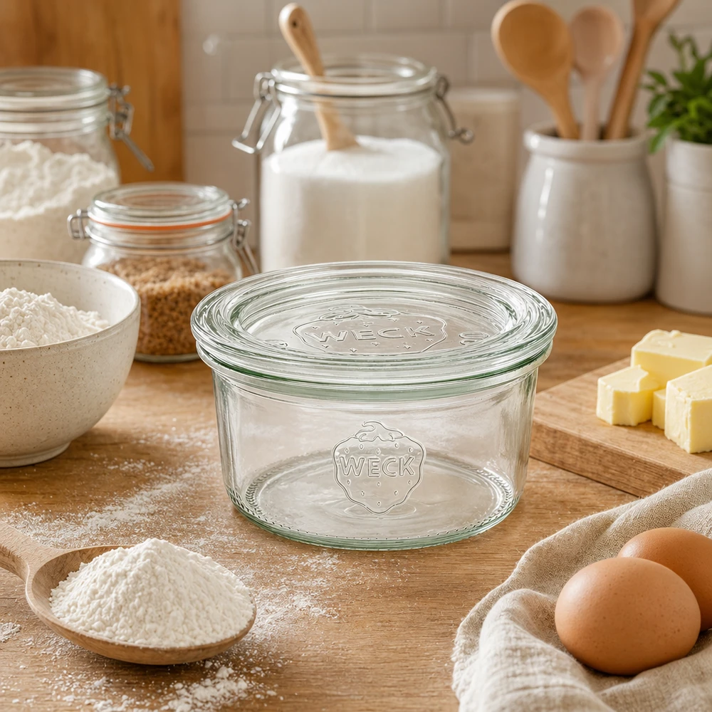 WECK 165ml RR80 glasburk tom på träbräda omgiven av bakingredienser som mjöl ägg smör i kök