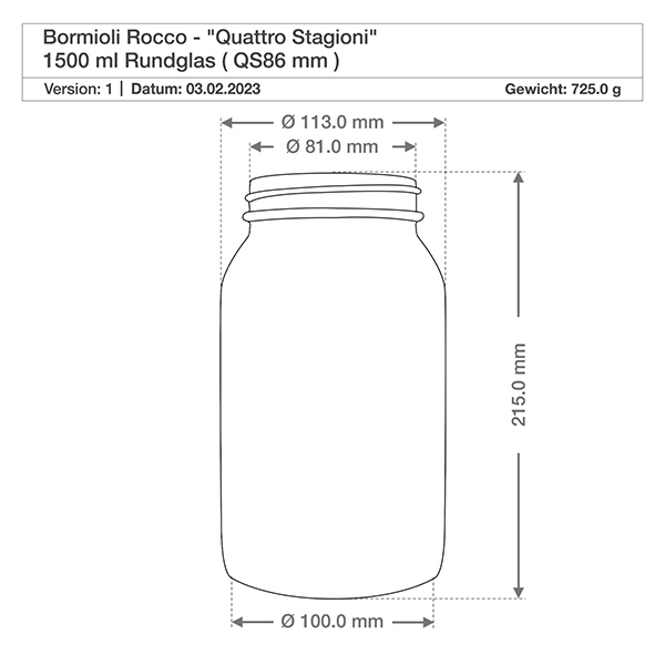 2000ml rund burk "Quattro Stagioni" med lock Teknisk ritning Bormioli Rocco Quattro Stagioni 1500ml rund burk - Mått och specifikationer för konserveringsburk