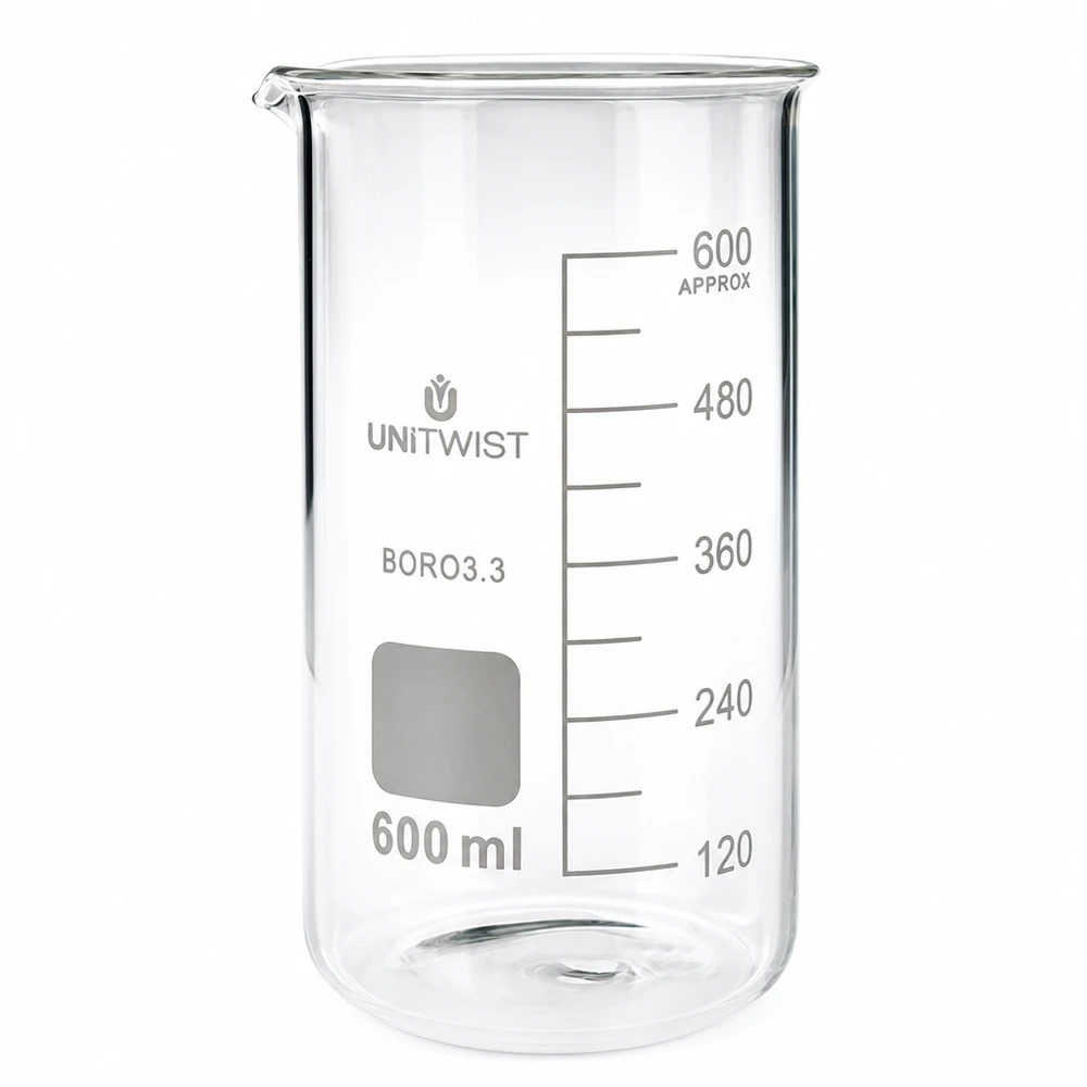 Bägare 600ml borosilikat, högformad UNiTWIST 600 ml högt bägarglas av borosilikatglas från UNITWIST med milliliterskala, transparent