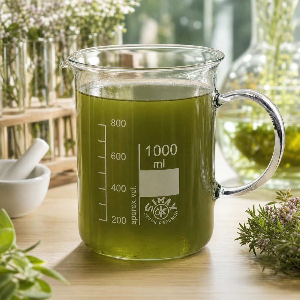 1000 ml bägare med handtag, fylld med grönt örtextrakt och omgiven av färska medicinalväxter