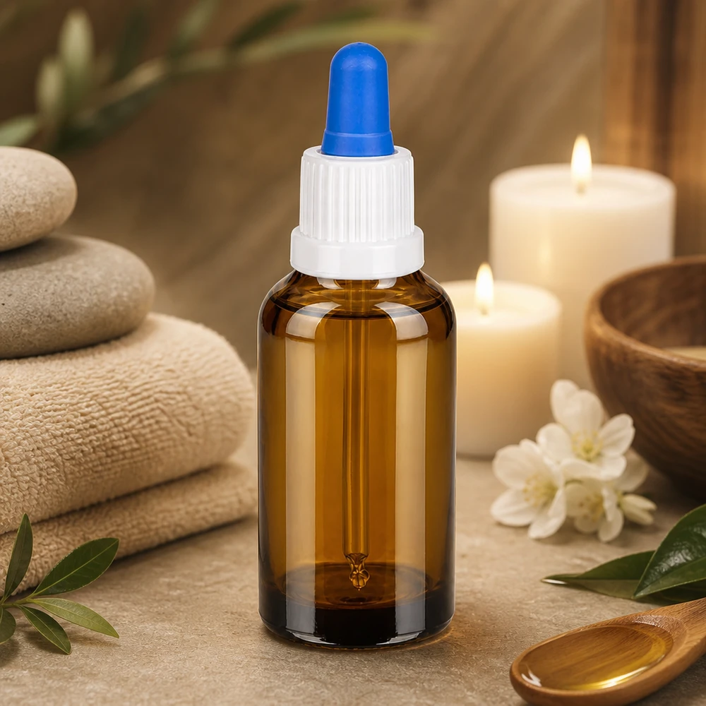 30 ml pipettflaska vit/blå med säkerhetsförslutning BrownLine UT18/30 Professionell 30 ml pipettflaska med blå spets för exakt applicering i spa och hälsocenter
