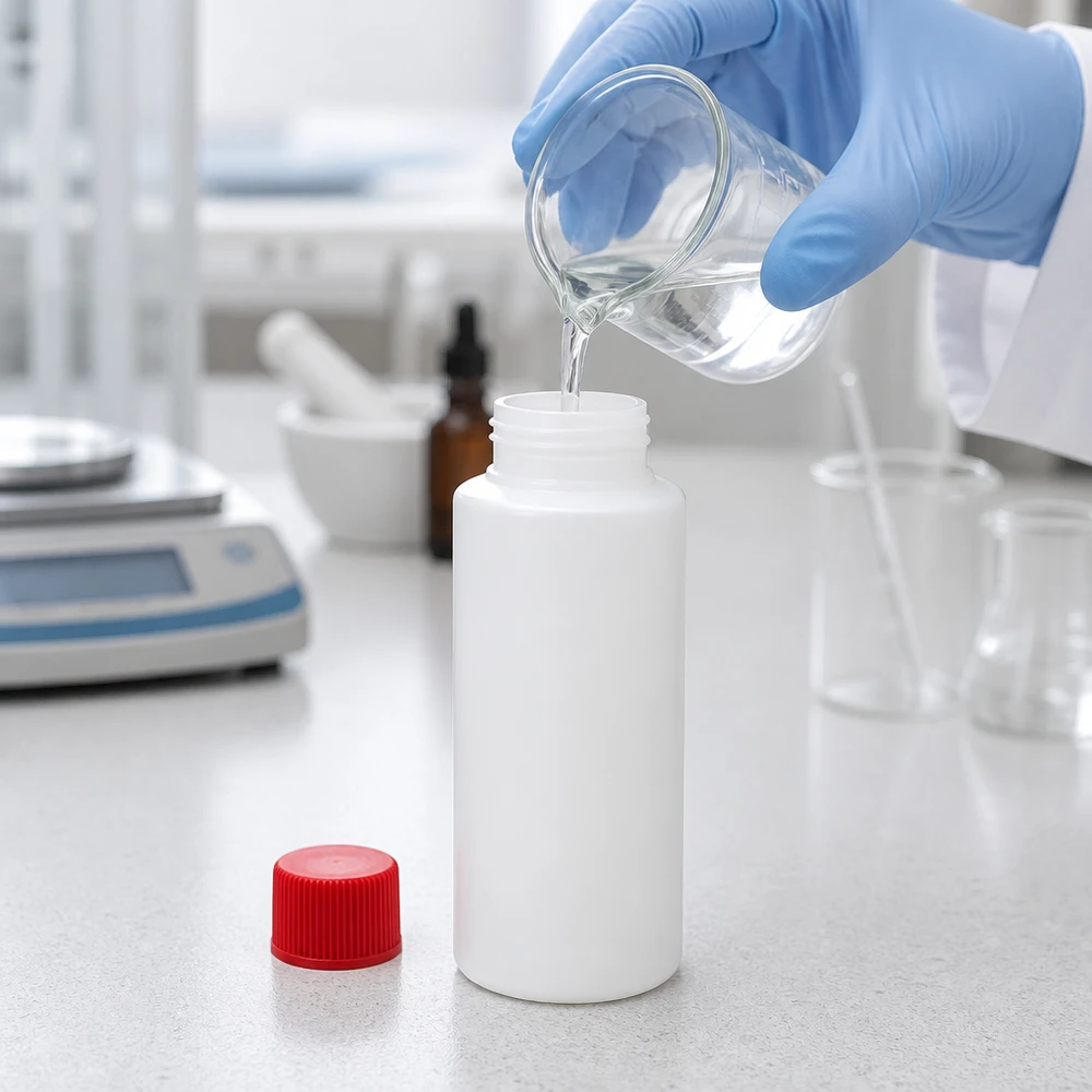 Apoteksflaska HDPE 30ml vit, med rött skruvlock Cylindrisk vit HDPE-apotekflaska på 30 ml med räfflat rött skruvlock