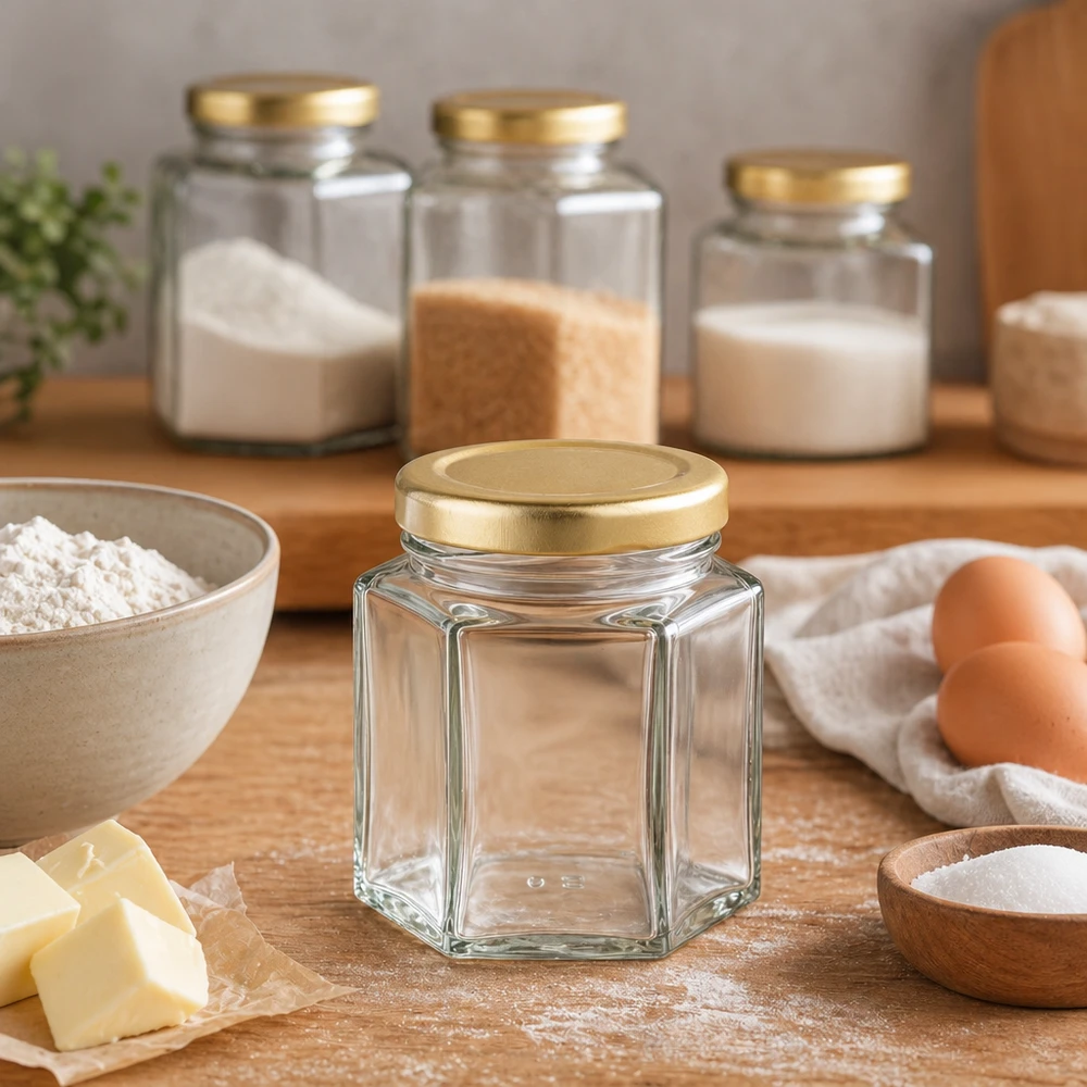 60g honungsburk sexkantig tom i köksscen med bakingredienser mjöl ägg smör och förvaringsburkar