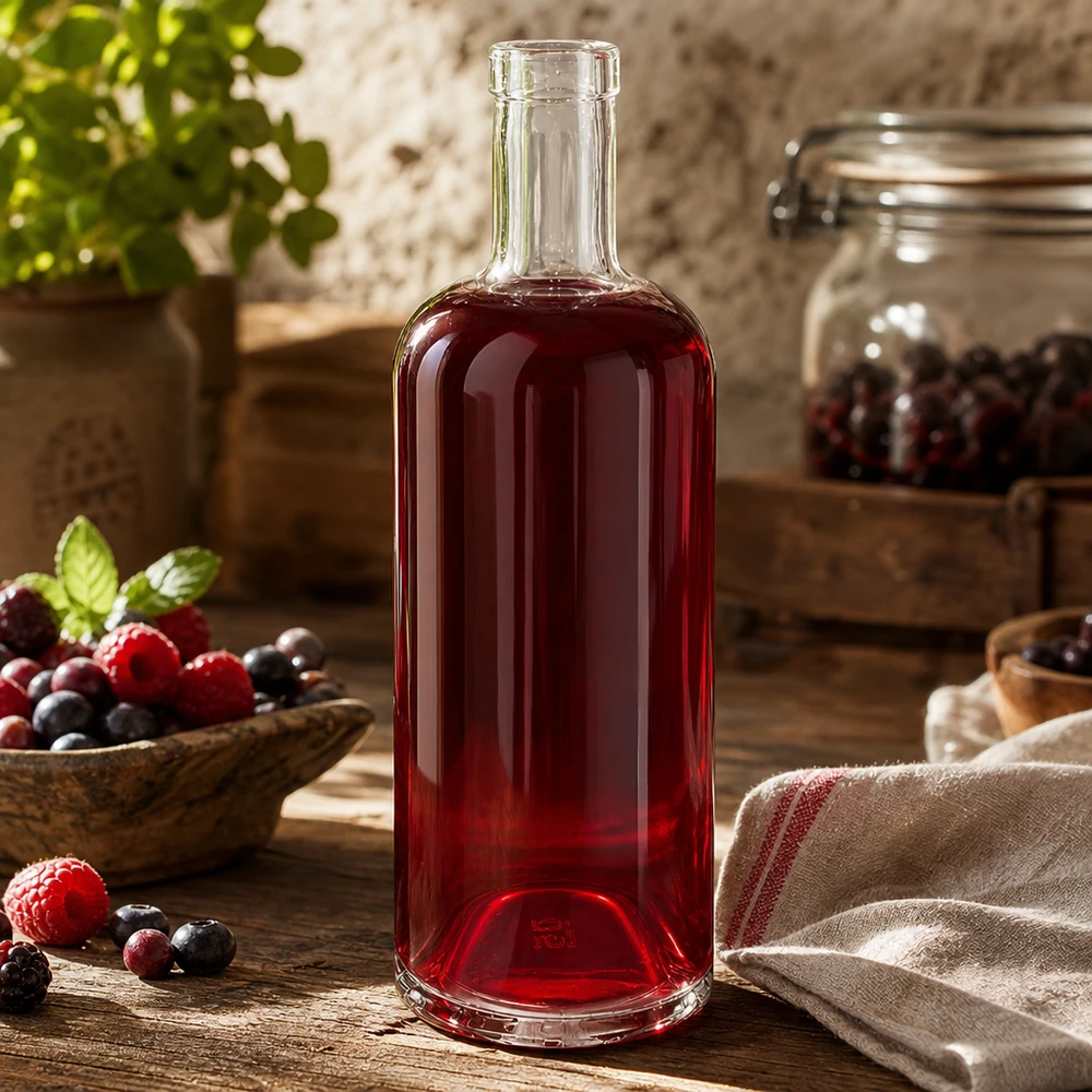 750 ml glasflaska Emma fylld med rödbärsjuice omgiven av färska bär och rustika köksdekorationer
