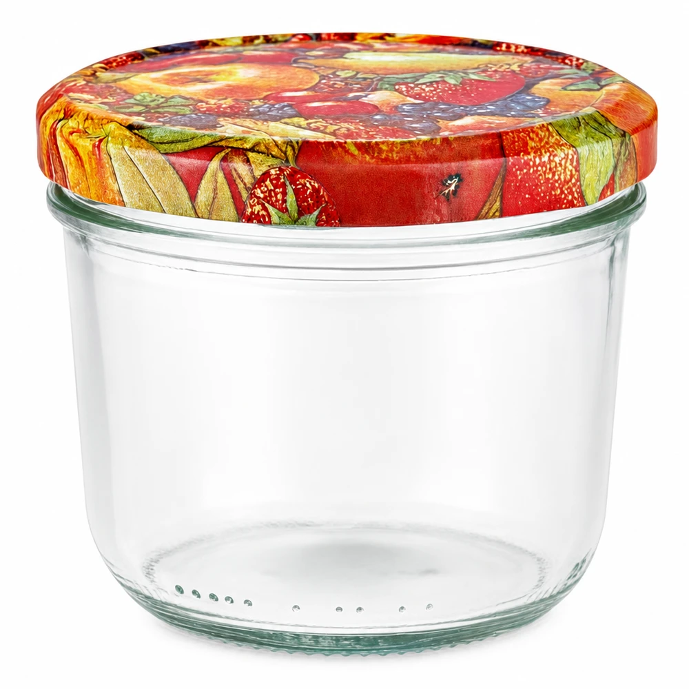 230ml Krossade glasögon + BasicSeal lock fruktdekor UNiTWIST Tom 230 ml murarburk med färgglatt fruktlock BasicSeal för sylt och konserver