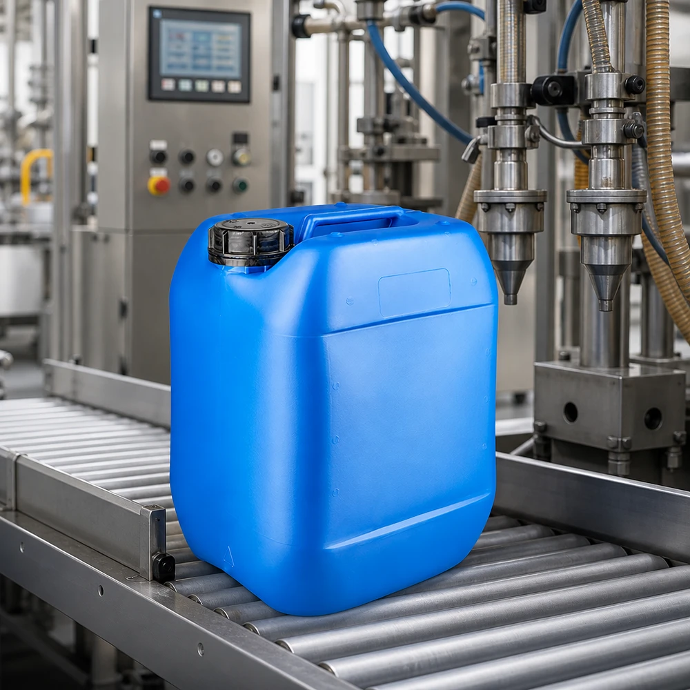 Dunk 10 liter blå med skruvkork Tamper evident förslutning Industrikanister på 10 liter, blå med svart OV-skruvlock, på en fyllningsanläggning med transportband