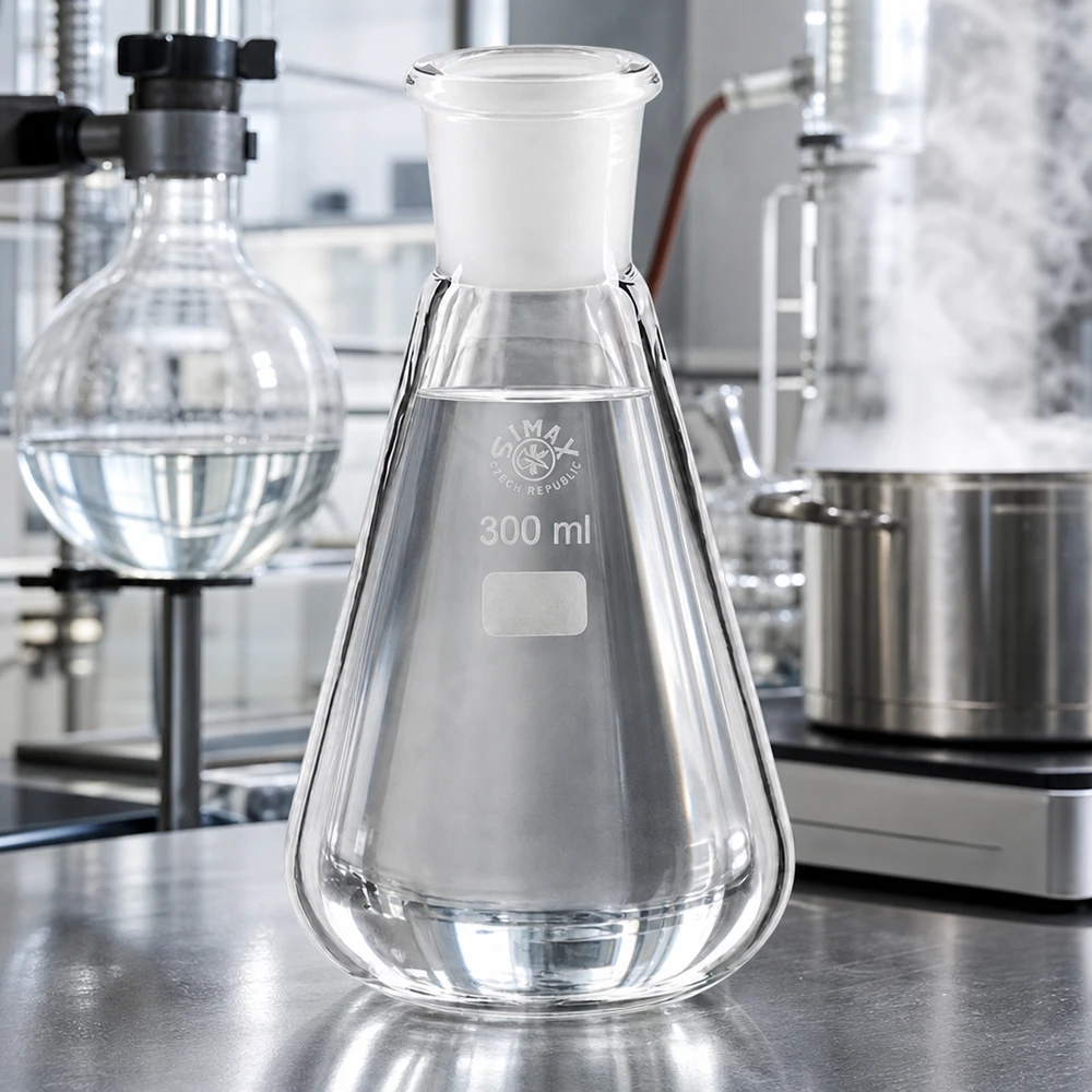 Erlenmeyerkolv 300ml med standardslipad fog (29/32) Erlenmeyerkolv 300 ml med vit propp och standardslipad fog 29/32 för exakt laboratoriearbete