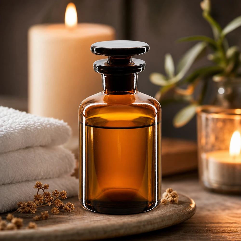 Rund axelflaska 50ml brun glaspropp med smal hals Rundskulad flaska, 50 ml, brunt glas, smal hals med glaspropp för parfym och doftoljor