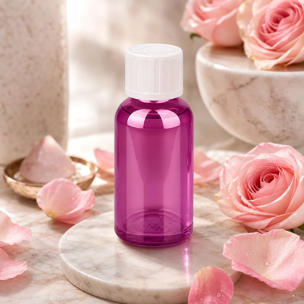 30ml flaska 11mm skruvkork vit standard barnsäker PurpleLine UT18/30 30 ml flaska av högkvalitativt borosilikatglas i elegant violett färg för kosmetika och aromaterapi