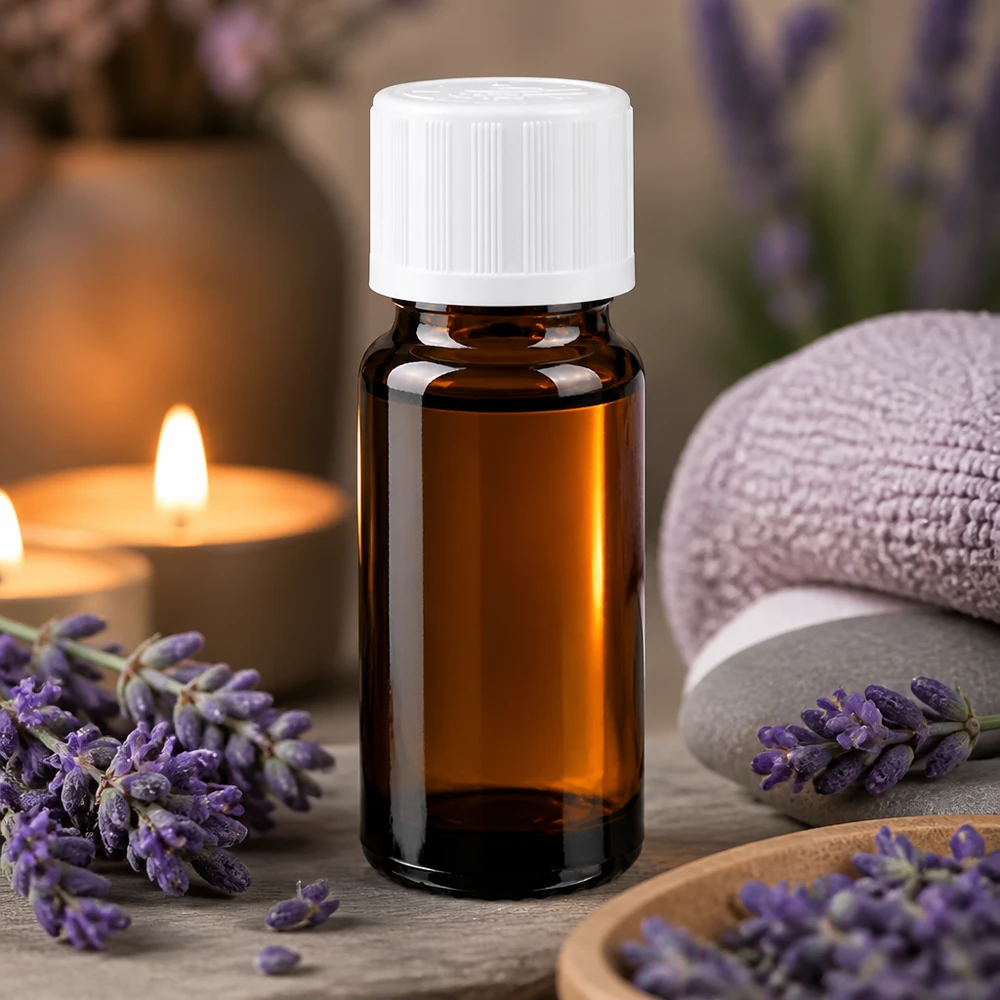 Liten brun apoteksflaska på 10 ml med vitt skruvlock och lavendelblommor på träbakgrund