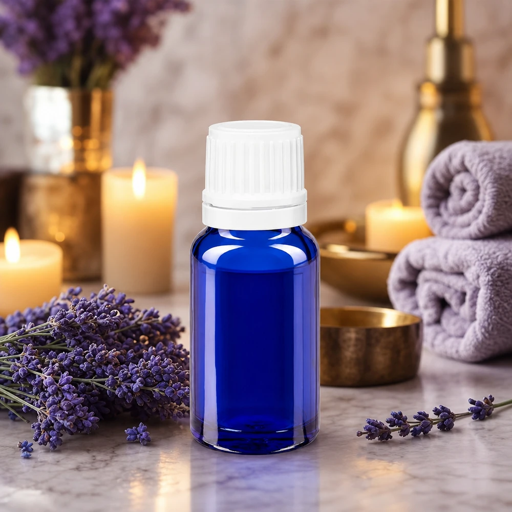 Apoteksflaska blå 10ml droppflaska 1,2mm vitt barnsäkert lock Blå glasflaska på 10 ml med droppinsats, omgiven av lavendelblommor och ljus