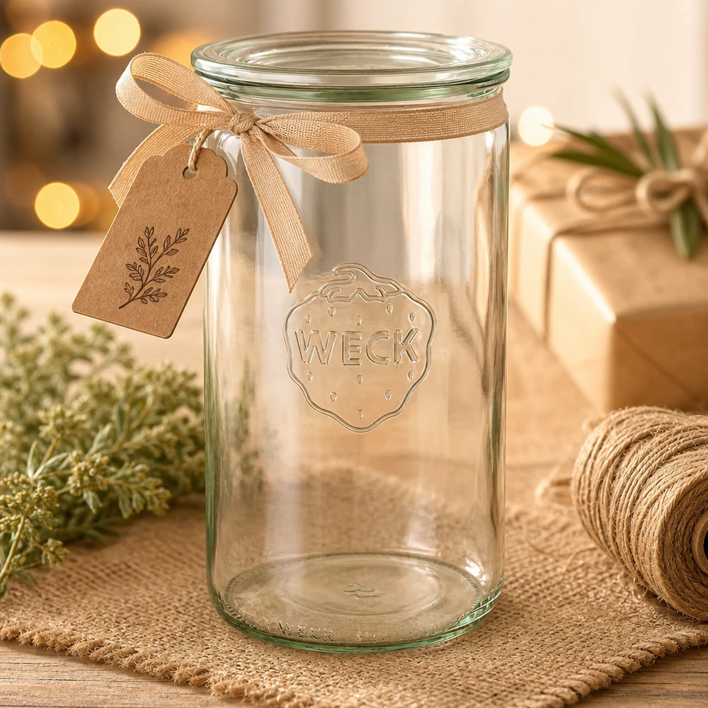 WECK cylinderburk 1590ml RR100 tom med brunt presentband och hänge dekorerad till jul på ett träbord