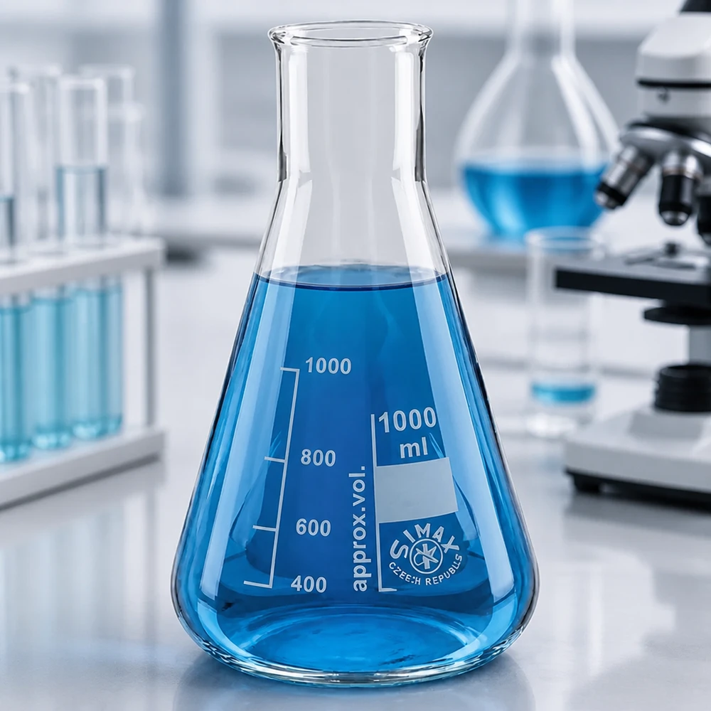Erlenmeyerkolv 100 ml med bred hals Konisk Erlenmeyerkolv 100ml med bred hals och blå vätska i en modern laboratoriemiljö