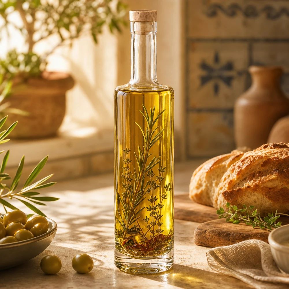 500 ml glasflaska Lina med kork med trähandtag UNiTWIST® 500ml Glasflasche Lina mit Holzkorken gefüllt mit Kräuteröl mediterrane Küche Oliven Brot rustikale Atmosphäre