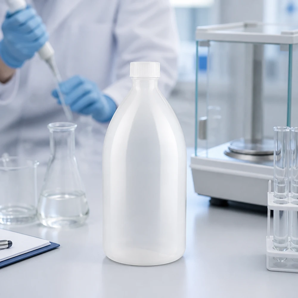 1000ml skruvflaska, laboratorieflaska med smal hals 1000ml Laborflasche mit Enghals und kindersicherem Schraubverschluss neben Analysenwaage im Labor