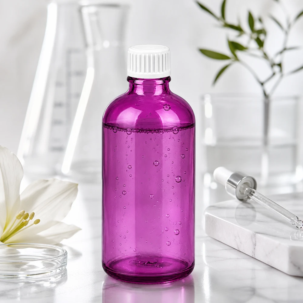 100ml (globule) flaska 3mm hällring vit Standard PurpleLine. UT18/100 100 ml laboratorieflaska av högkvalitativt glas i lila för farmaceutiska tillämpningar