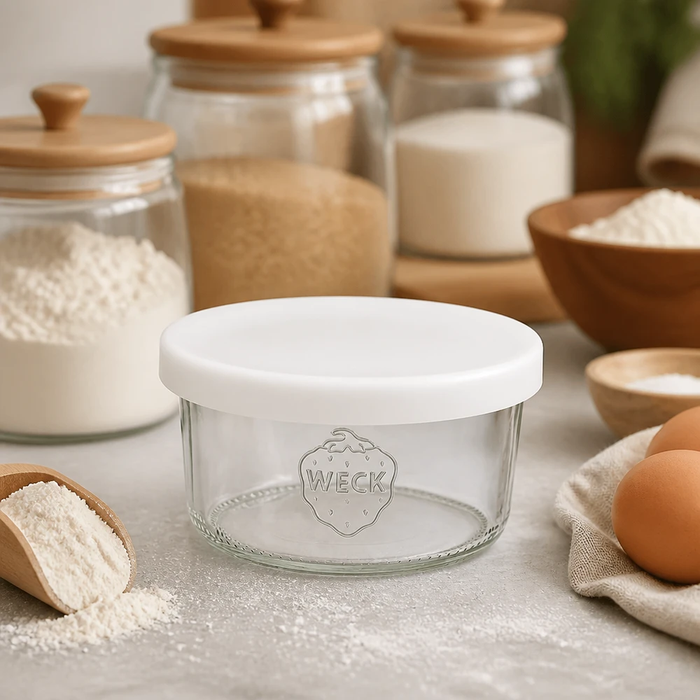 WECK 165 ml RR80-glas med vitt silikonlock i köket mellan bakingredienser, mjöl, ägg och förvaringsburkar