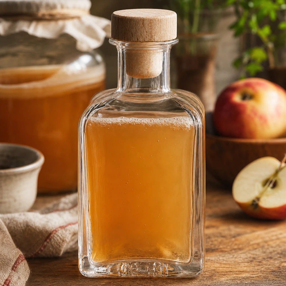 200 ml glasflaska Clara fylld med äppeljuice träkork äppelskivor rustikt kök naturliga juicer dekorativ flaska