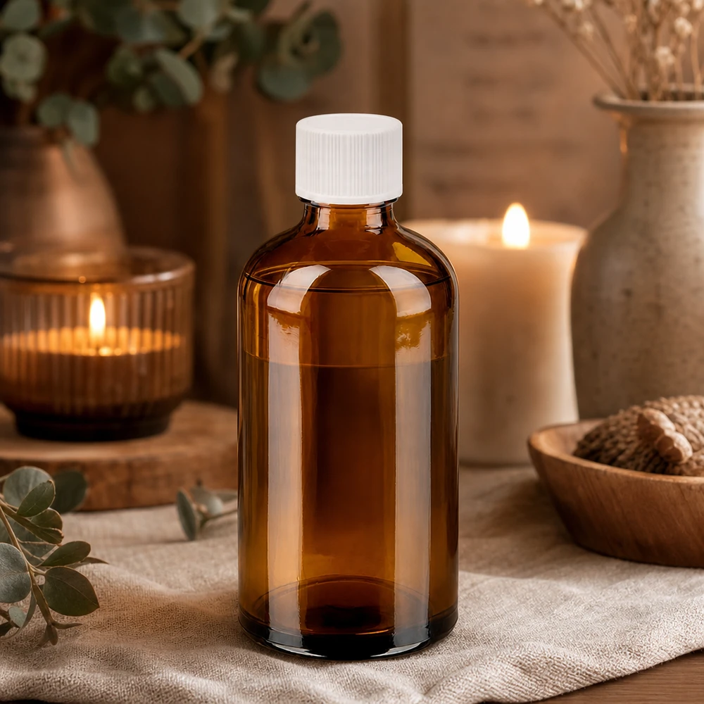 100ml flaska 11mm skruvkork vit Standard BrownLine UT18/100 Liten 100 ml bärnstensfärgad glasflaska med vitt lock, perfekt för DIY-kosmetika och naturläkemedel