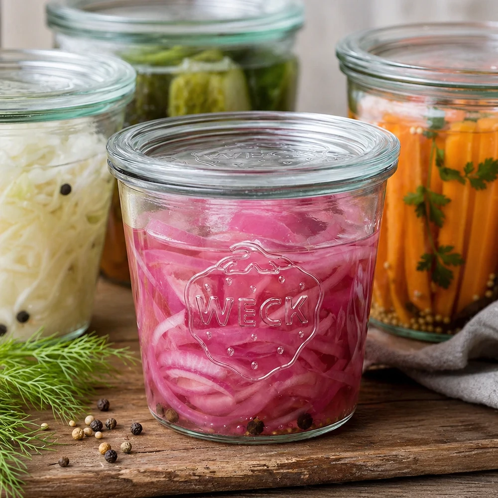 580 ml burk med glaslock WECK RR100 WECK 580 ml glasburk fylld med inlagda grönsaker och kryddor för fermentering Exempel bredvid dill