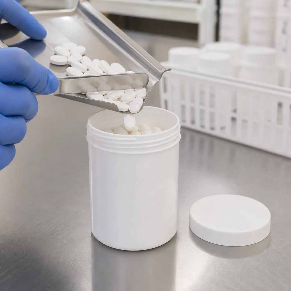 Salvburk 250g vit med vitt skruvlock (polypropylen) Farmaceutisk förpackning av vita tabletter i en 250 g PP-salvburk med skruvlock