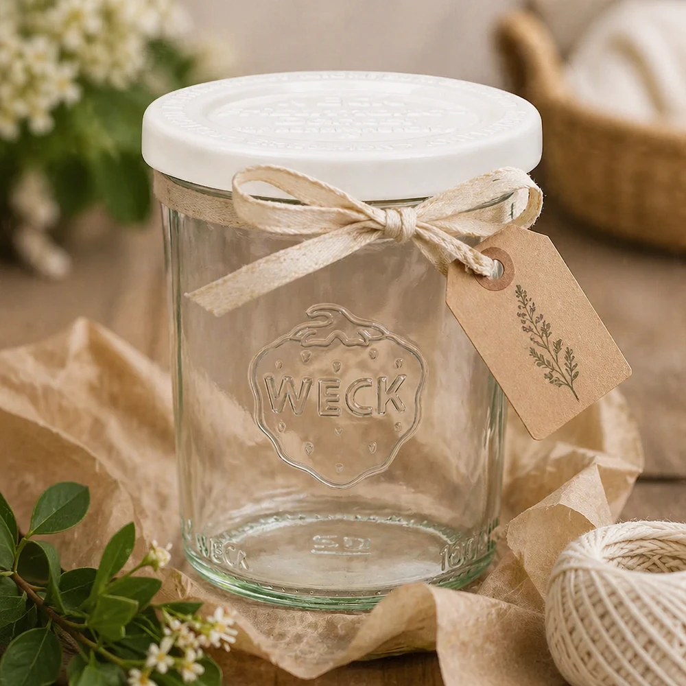 160 ml burk med lock som håller maten färsk, WECK RR60 WECK Sturzglas 160ml mit Dekobändchen und Anhänger - rustikale Geschenkverpackung für selbstgemachte Marmelade