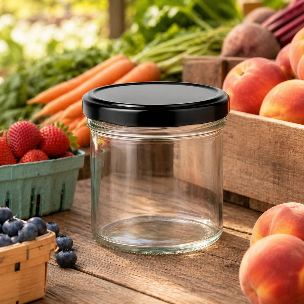 125 ml-glas med svart lock mellan färsk frukt och grönsaker på ett träbord Atmosfär av marknadsstånd
