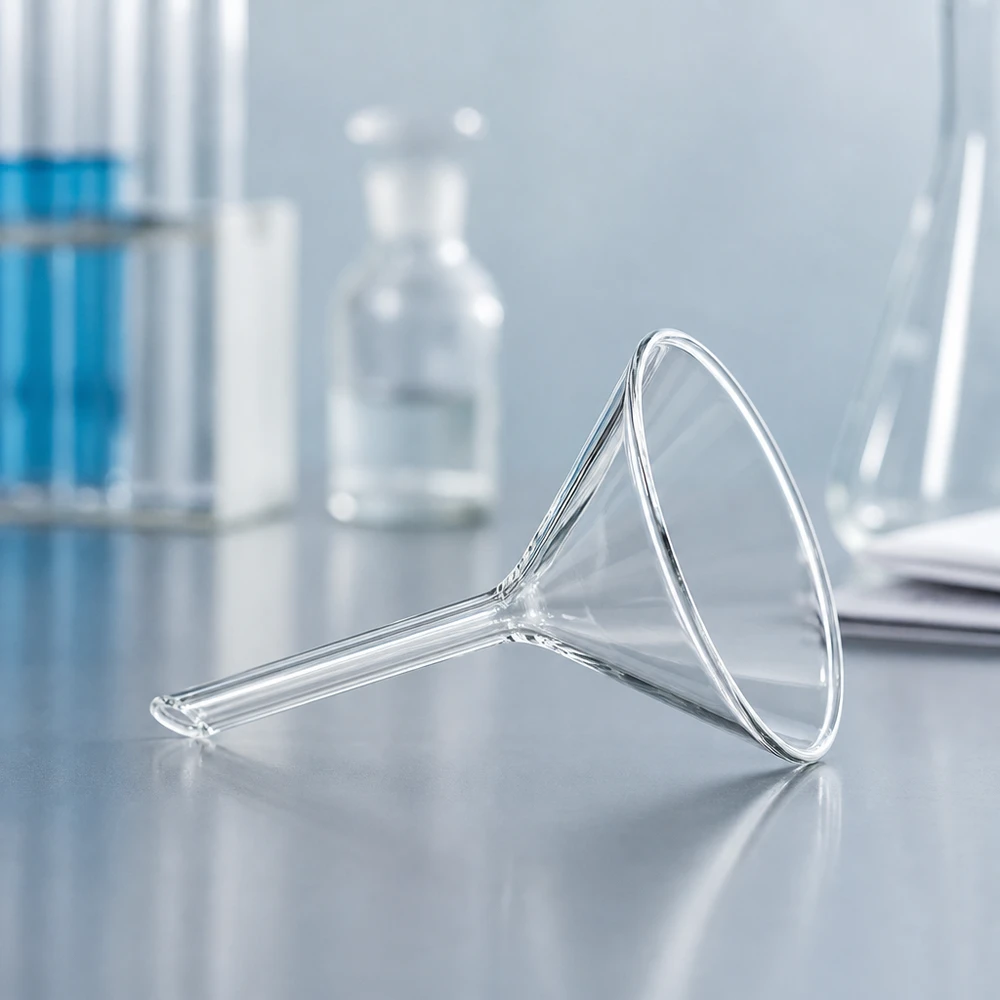 Tratt ø60mm soda lime, vinkel 60°, kort modell Transparent laboratorietratt av robust soda-lime-glas med kompakt design för enkel hantering