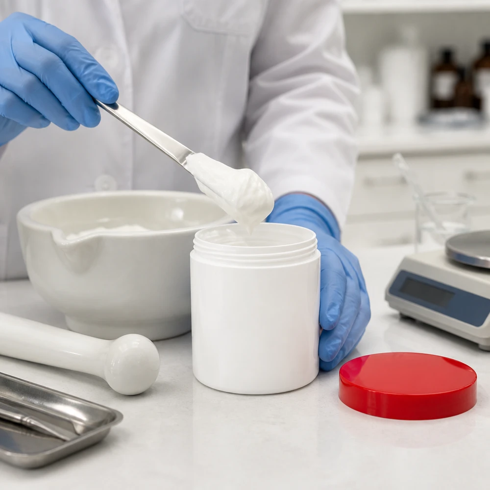 Salvburk 300g vit med rött skruvlock (polypropylen) Apotekaren fyller en vit PP-salvburk på 300 g med rött lock med kräm med hjälp av en spatel