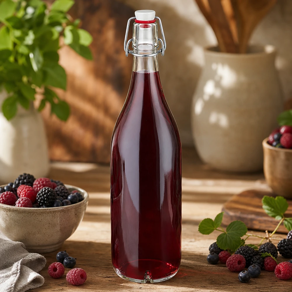 1000ml glasflaska + svängbar topp porslin UNiTWIST 1000ml Glasflasche mit Bügelverschluss gefüllt mit Beerensaft neben frischen Himbeeren und Blaubeeren auf Holz