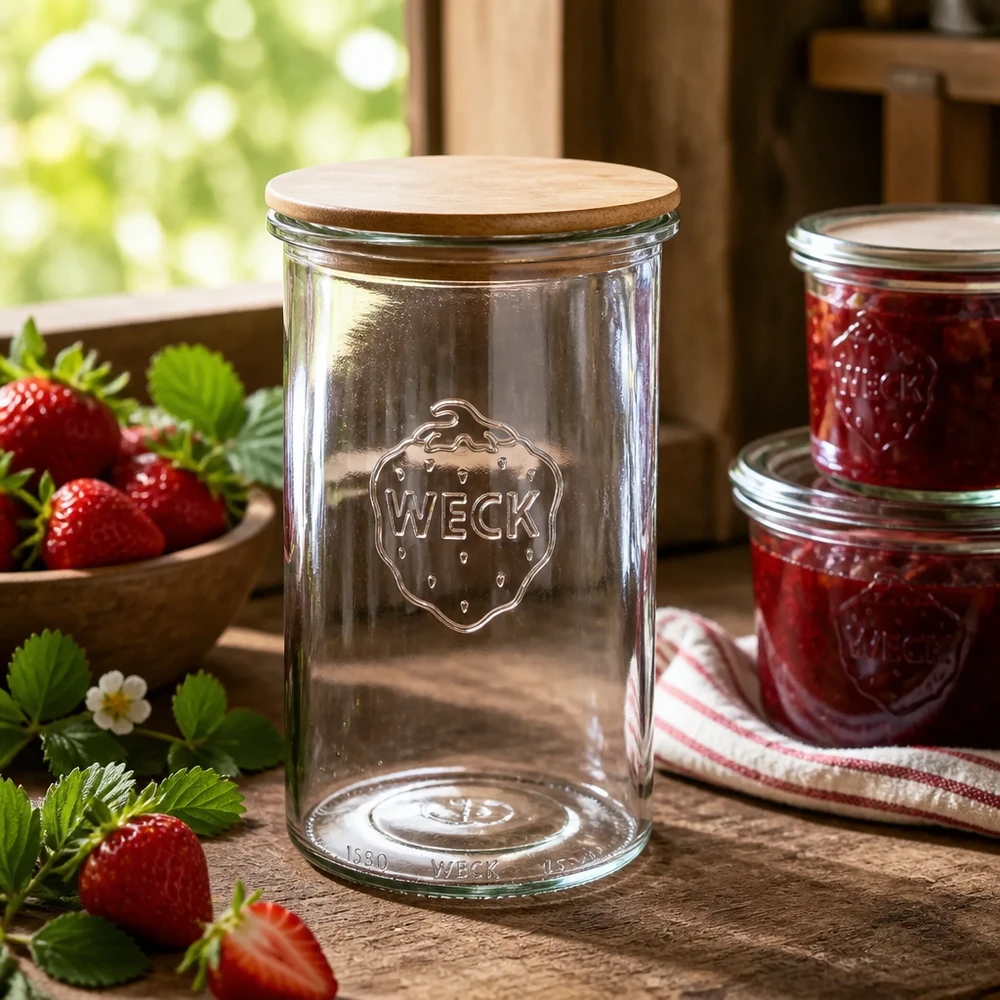 1000ml WECK RR100 Krossade glasögon med trälock WECK förvaringsburk 1000 ml med trälock i ett rustikt kök bredvid hemlagad jordgubbssylt och färska jordgubbar