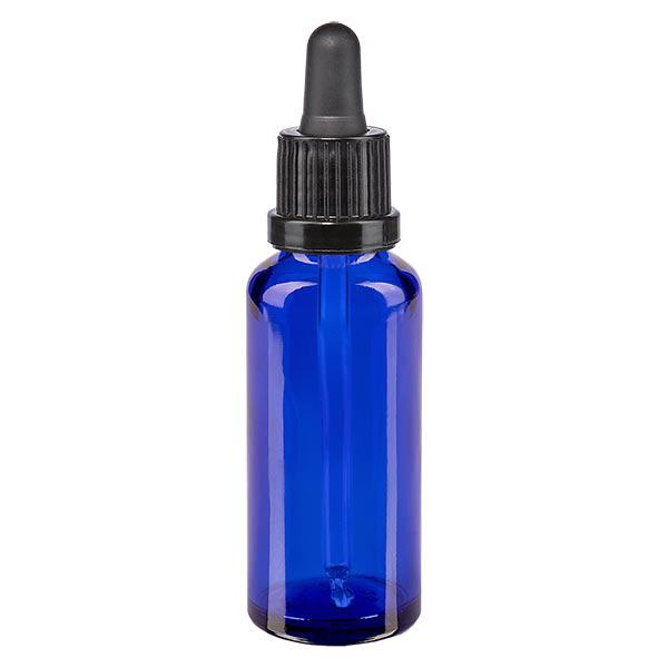 Apoteksflaska blå 30ml pipett svart med säkerhetsförslutning Apoteksflaska blå 30ml pipett svart med säkerhetsförslutning