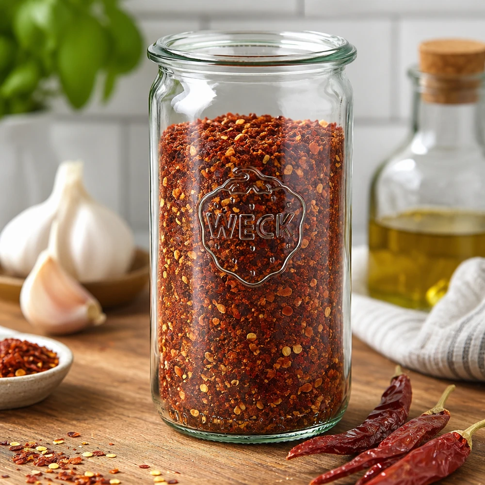 WECK cylinderburk 340ml RR60 fylld med chiliflakes på ett träbord med vitlök och torkade chilifrukter