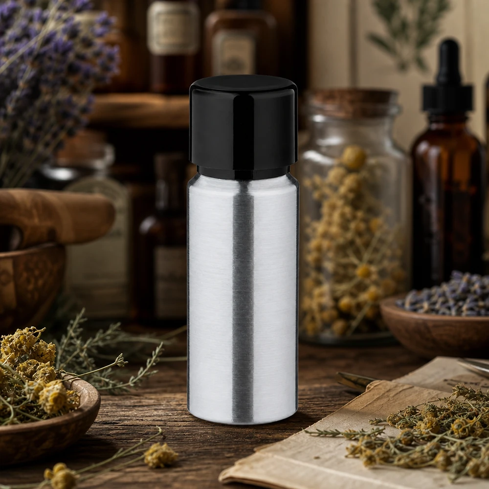 Högkvalitativ 20 ml aluminiumflaska med borstad metallyta för naturkosmetika och aromaterapi