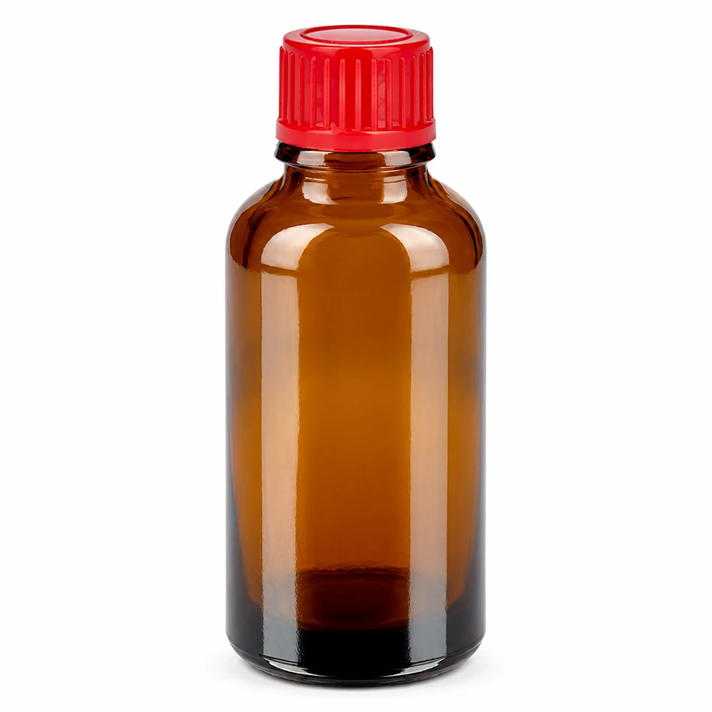 30 ml bärnstensfärgad glasflaska med rött skruvlock för eteriska oljor och läkemedel