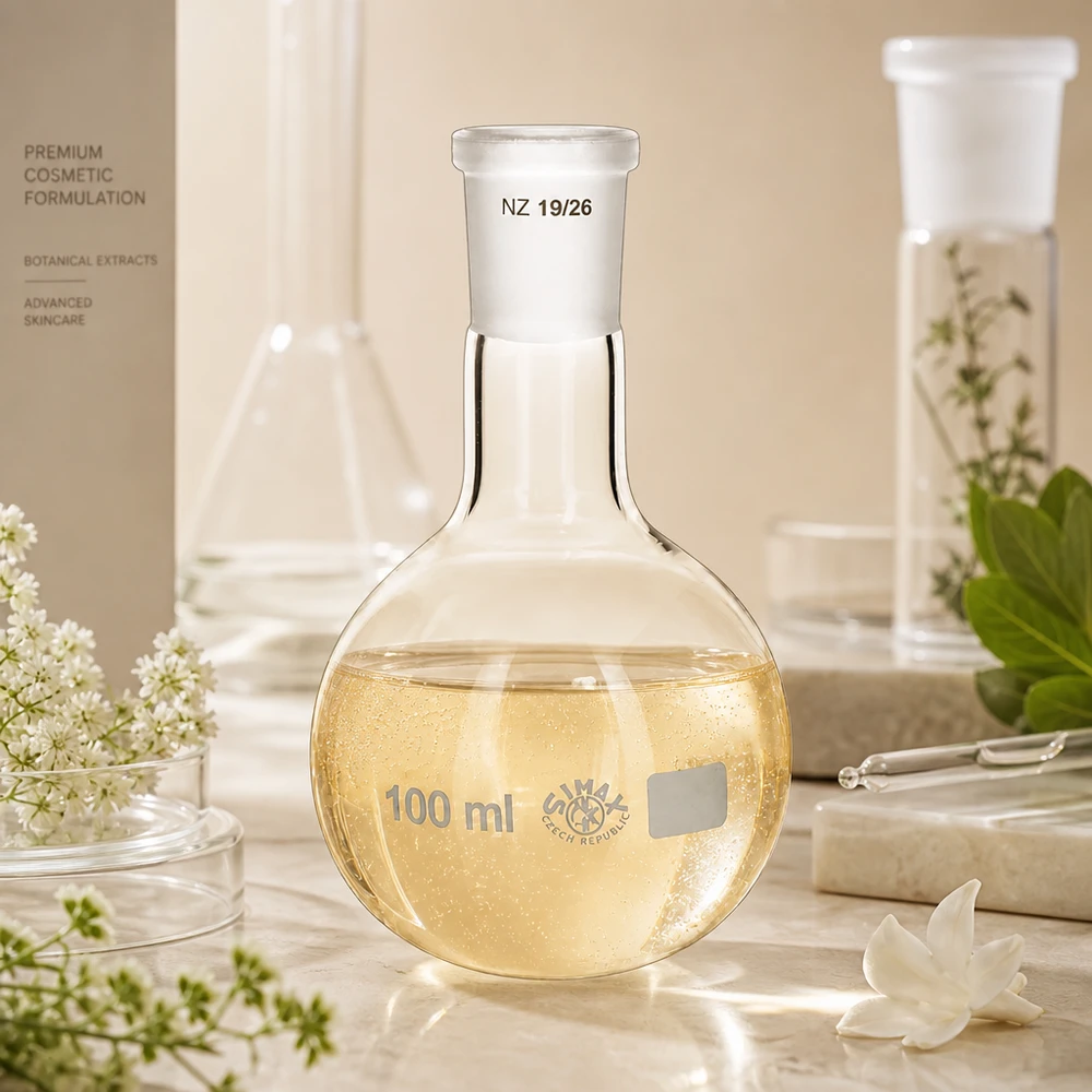 Höftkolv 100ml med standardslipad fog (19/26) Höftkolv med guldfärgad lösning 100 ml volym - högkvalitativt laboratorieglas med 19/26 standard slipad fog