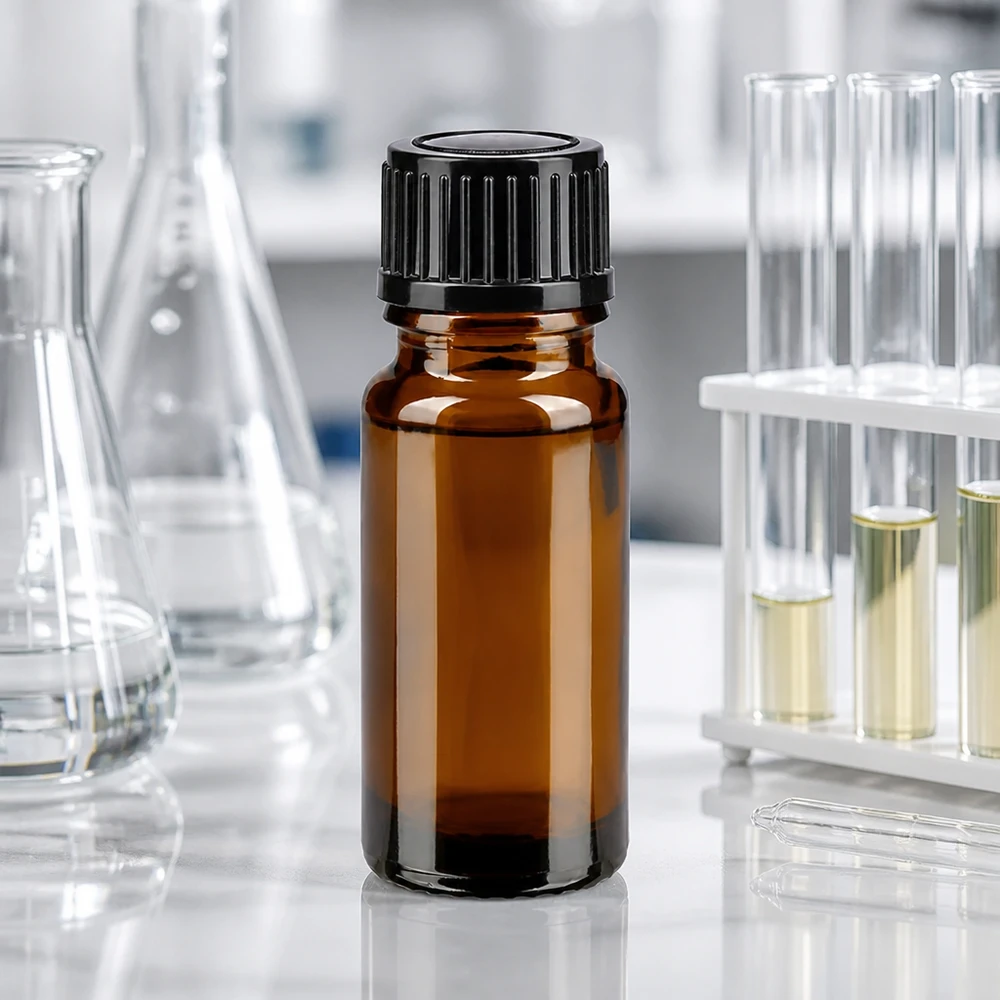 Apoteksflaska brun 10ml skruvkork svart standard 10 ml laboratorieflaska av brunt apotekerglas med svart plastlock i laboratoriemiljö