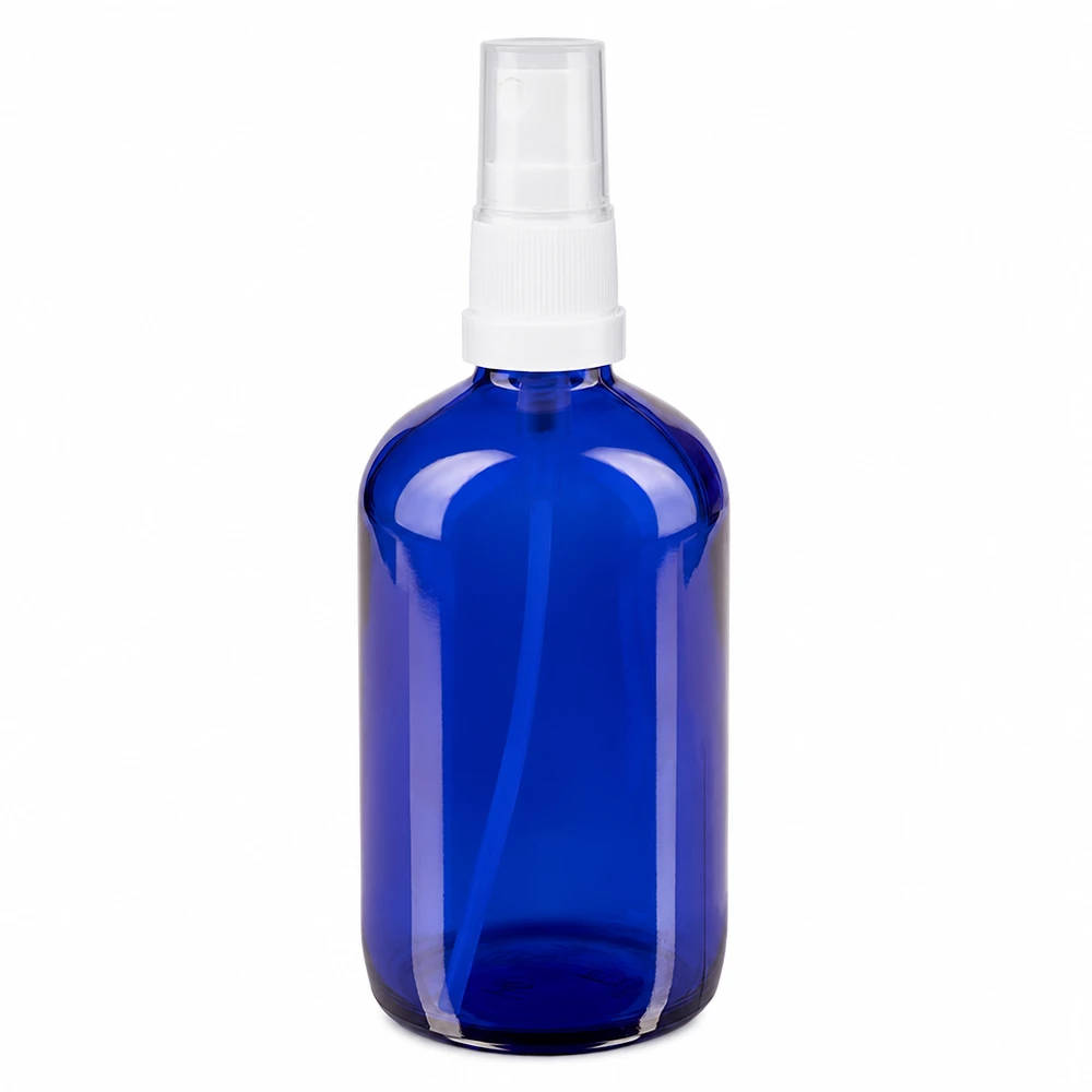 100 ml blå glasflaska med vit sprayhuvud, tillverkad av apotekerglas, för kosmetika och läkemedel