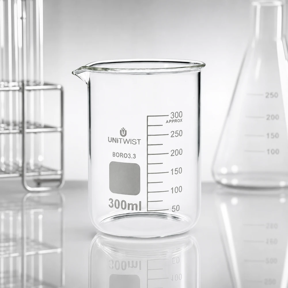 Bägare 300ml borosilikat, lågformad UNiTWIST UNiTWIST bägare, 300 ml, borosilikatglas, låg form med milliliterskala bredvid Erlenmeyerkolven