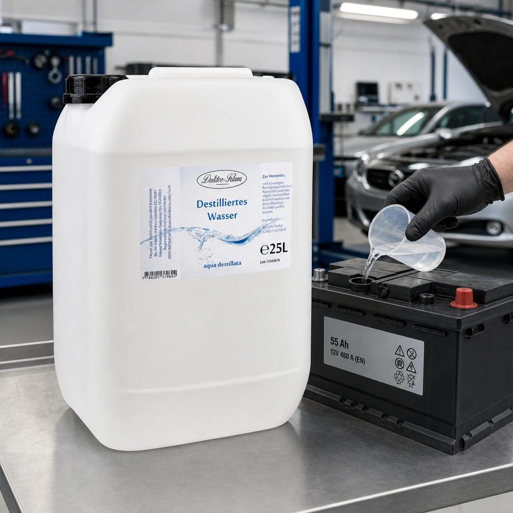 Doktor-Klaus 25 liter destillerat vatten används i bilverkstäder för batterivård och underhåll av fordon