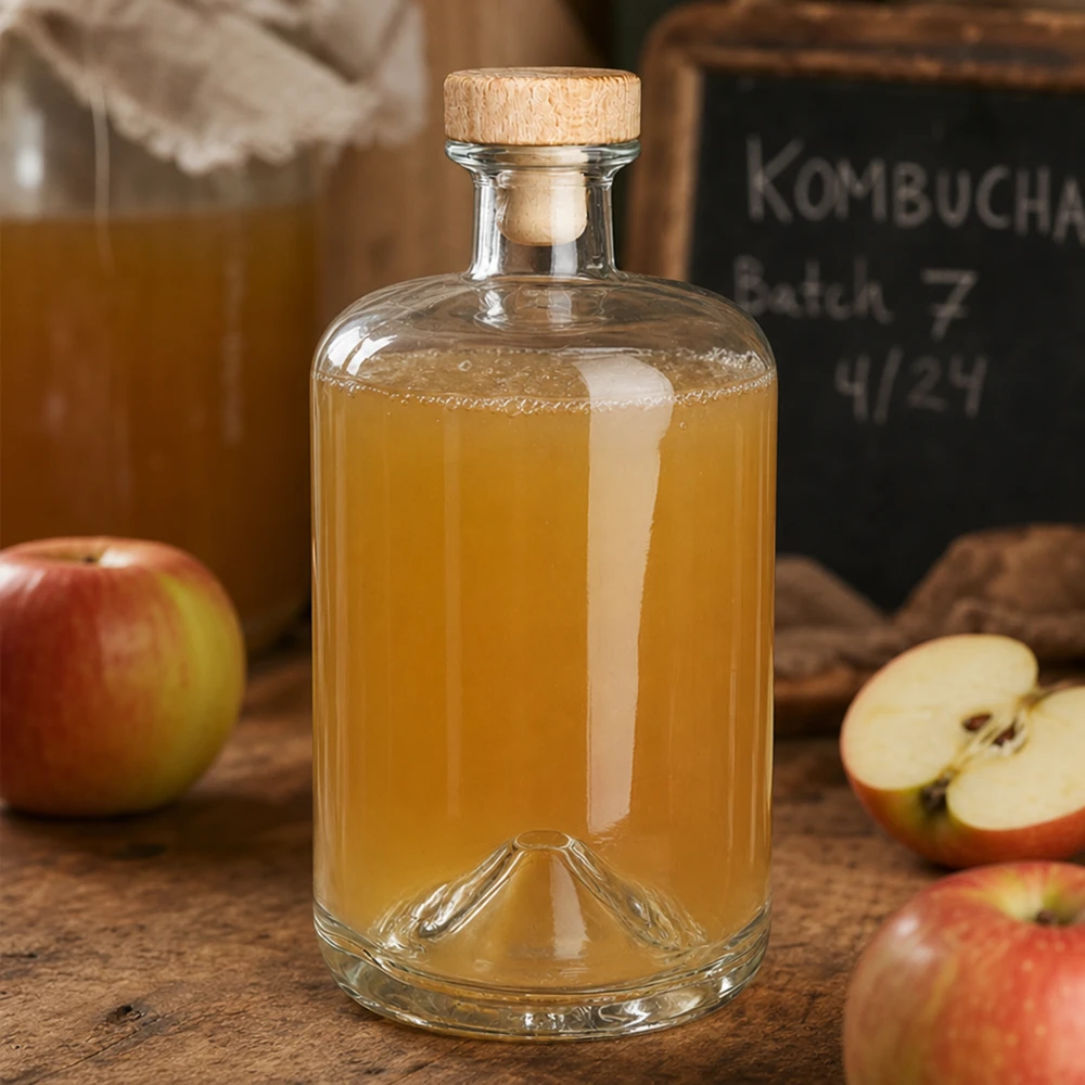 700 ml Sofia glasflaska med träkork fylld med äppeljuice bredvid färska äpplen och Kombucha bar
