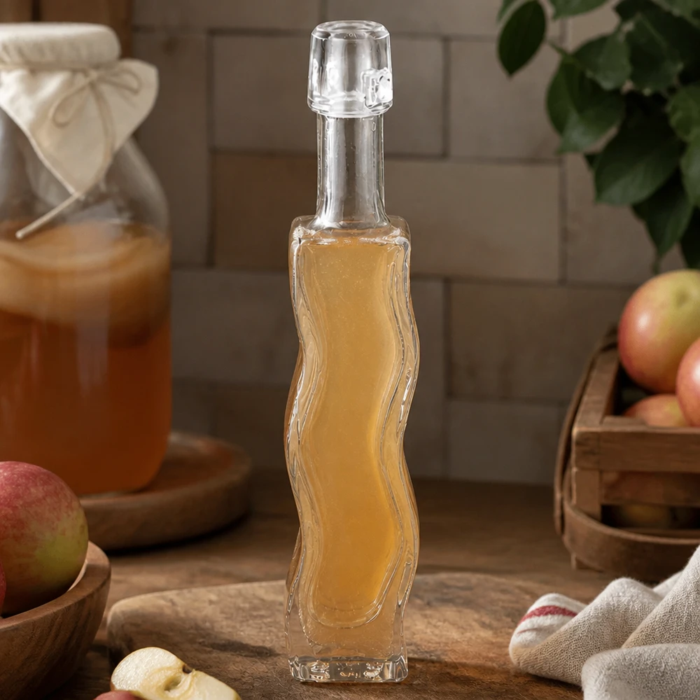 40 ml glasflaska Fila utan hänge UNiTWIST® 40ml glasflaska Anna fylld med äppelcidervinäger rustikt kök träbräda färska äpplen naturliga ingredienser vinägrett
