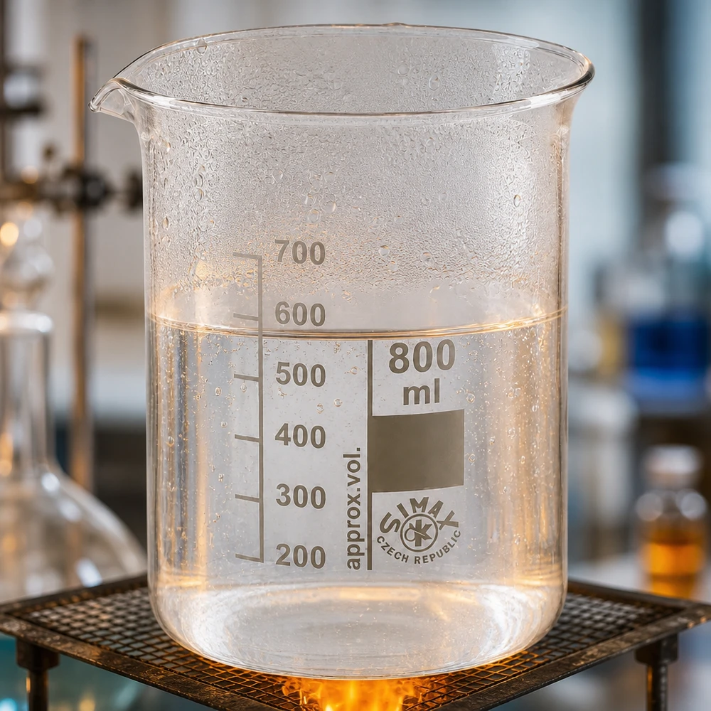 Bägare 800ml borosilikatglas, låg form Värmetålig 800 ml bägare i borosilikatglas med skala och pip för säkert laboratoriearbete