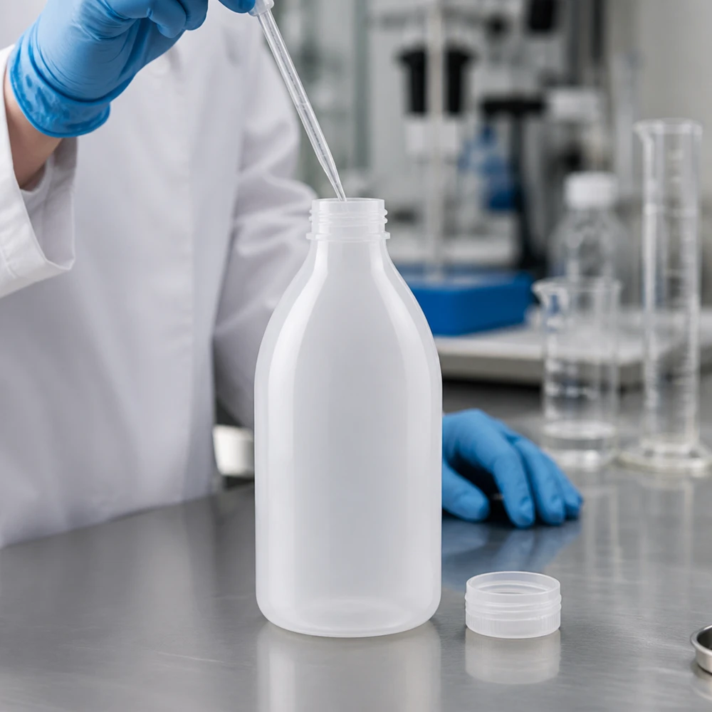 500 ml laboratorieflaska av plast med smalt hals, genomskinlig, utan lock, på ett bord av rostfritt stål