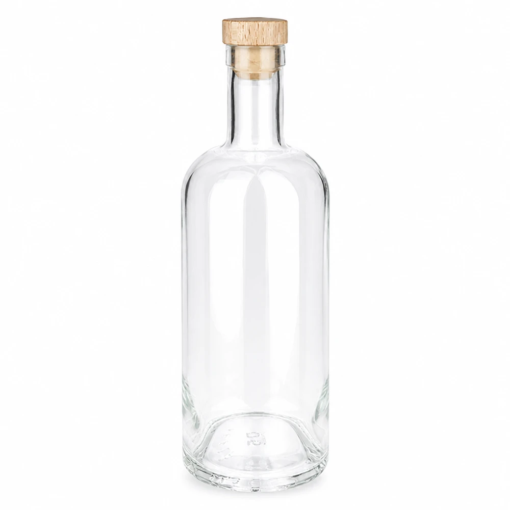 750 ml glasflaska Emma med kork med trähandtag UNiTWIST® 750 ml glasflaska Emma med trähandtag kork UNiTWIST transparent tom Produktfoto mot vit bakgrund