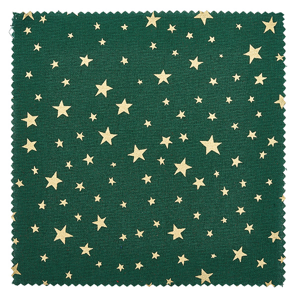 Material smycke servett grön Stjärnor kvadratisk 12 cm Närbild av grönt tyg med gyllene stjärnor i olika storlekar, dekorativt underläggsmaterial 12x12cm kvadrat